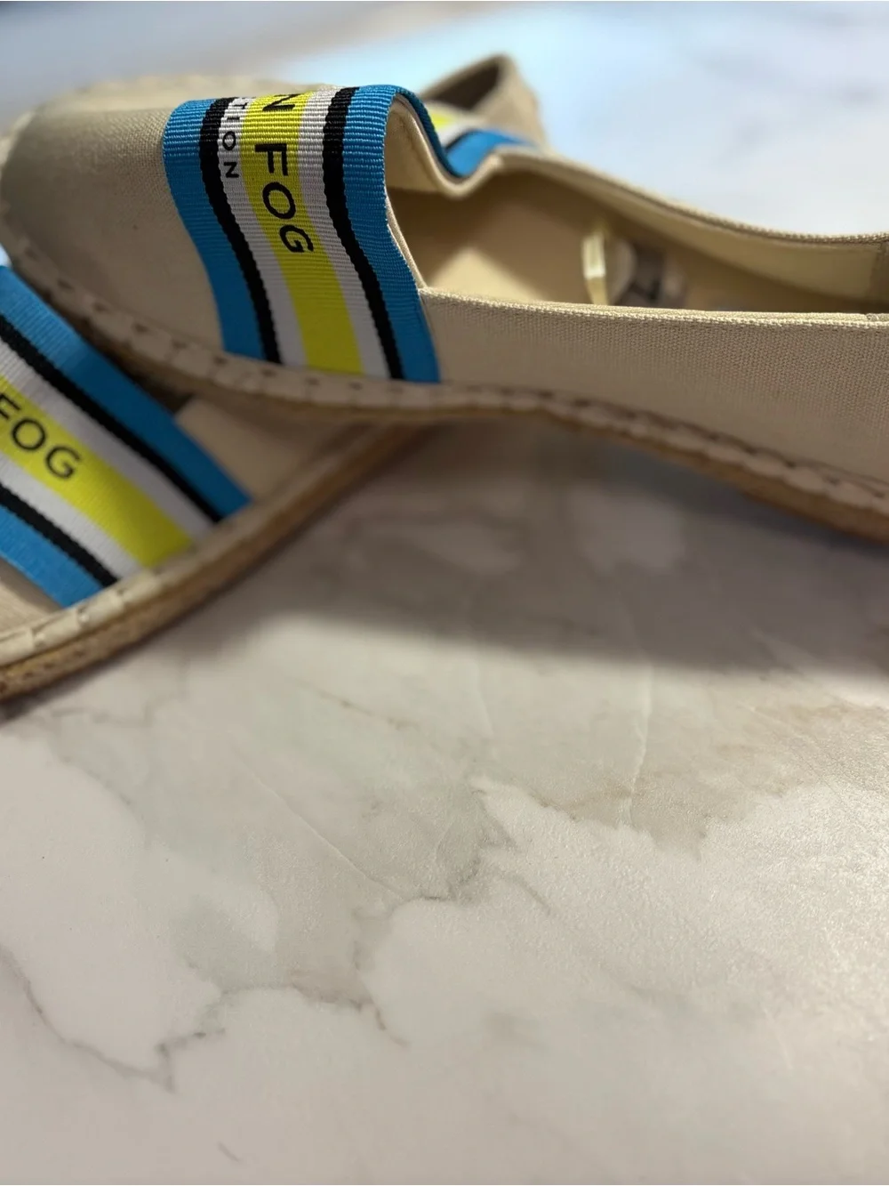 London Fog Cream Espadrille Slip-Ons with Blue and Yellow Stripes